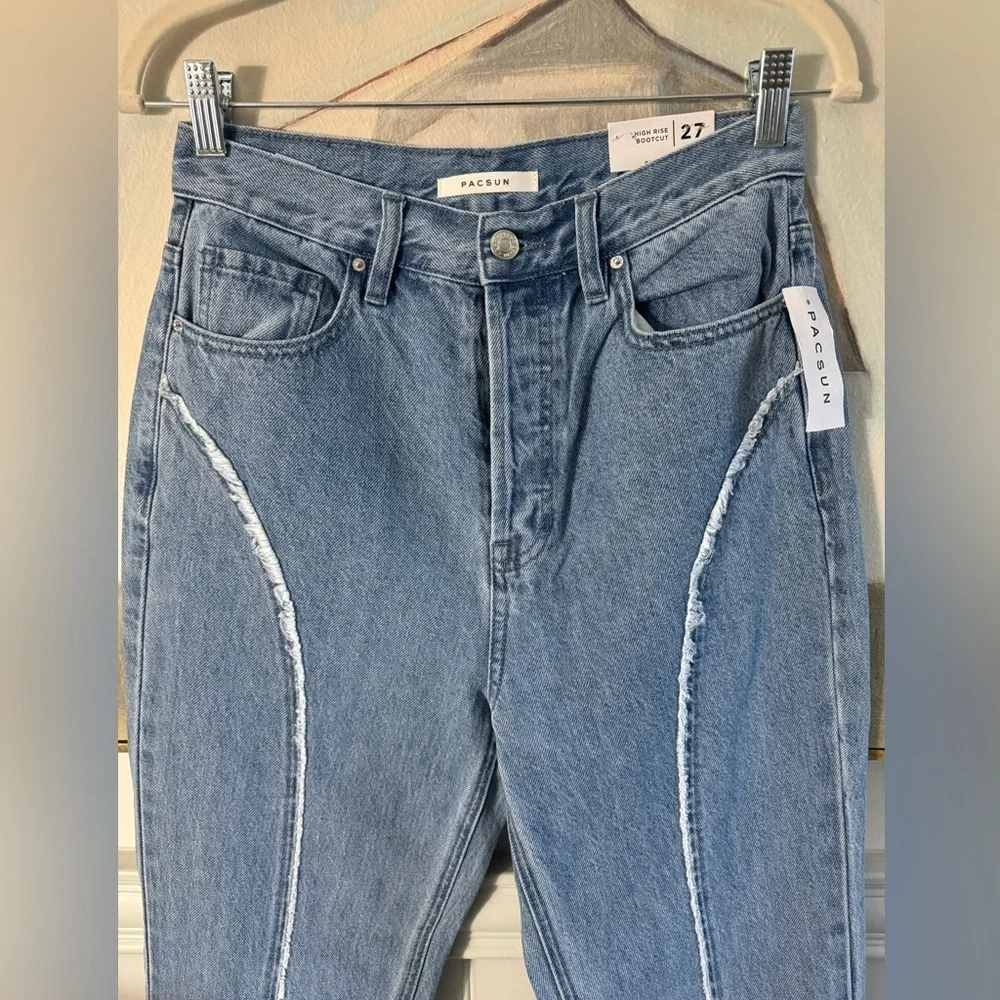 PACSUN Eco Medium Blue Frayed High Waisted Bootcut Jeans NWT Size 27 - Picture 6 of 11